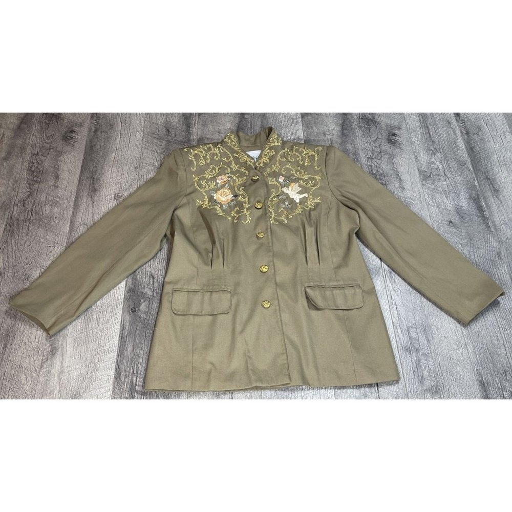 Vintage Together Jacket Womens 14 Tan Blazer Gold Brocade Trim Mock Lined 80s
